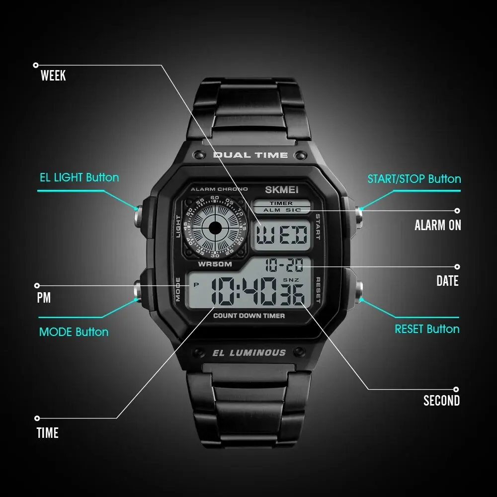 Skmei Top Luxury Stainless Steel Strap Countdown Sport Watches Mens 5bar Waterproof Back Light Digital Wristwatch Male Alarm Clo