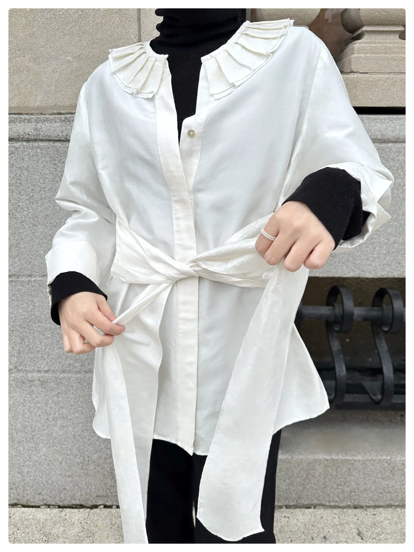 

TIAN Retro Faionable Acetate irt Loose Fit Layering Versatile Commute Sle Long Sve Turn-down Collar Regular Length