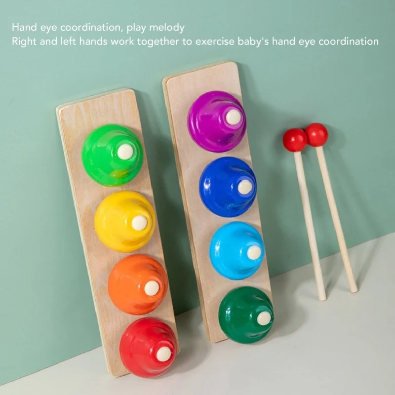 Sinos de mesa para crianças, instrumento de percussão, 8 notas, sinos musicais coloridos, instrumento de percussão, brinquedo com marretas de madeira