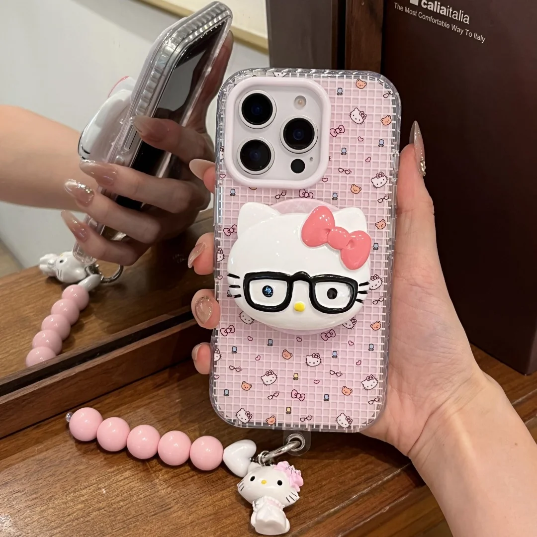 

Hello Kitty Magsafe Magnetic Case for Phone Case For iPhone 16 15 14 13 12 Pro Max KT Stand Bracket Wrist Strap Rope Cover﻿