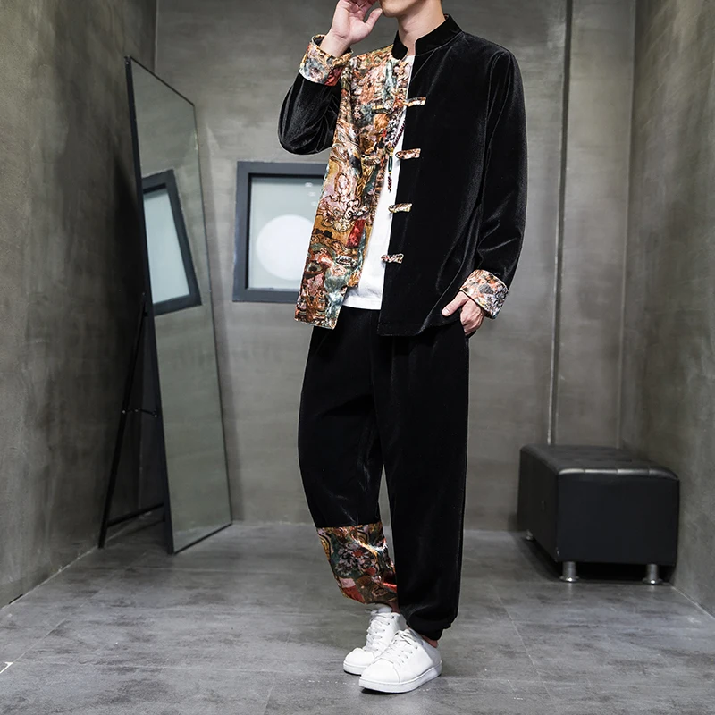 

Vintage Chinese Style Sets Men Autumn Kimono Shirt& Pants 2Pcs Cardigan Tang Suit Retro Men Japanese Casual Patchwork Print Sets
