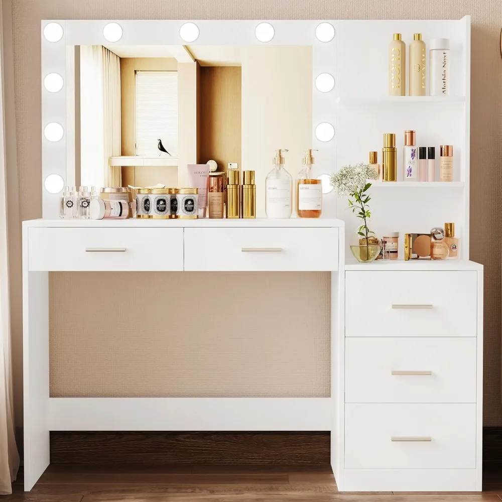 

Makeup Vanity Table with Lighted Mirror, Large Vanity Desk with Storage Shelf & 5 Drawers, Bedroom Dressing Table, 11 LED Lights