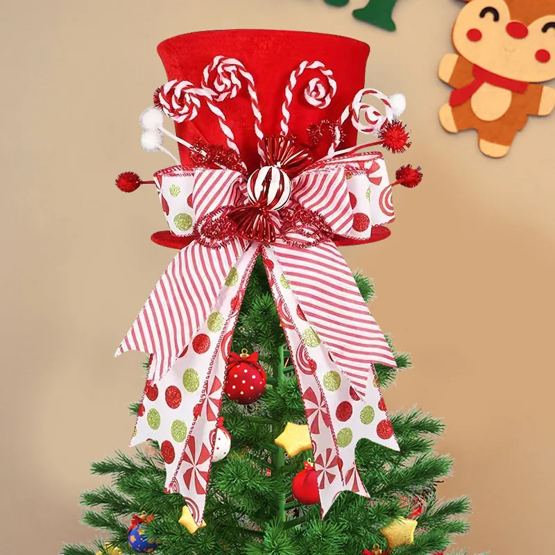 New Christmas Top Hat Tree Top Star Red Sugar Tree Top Decoration Hat Retractable Spring Bow