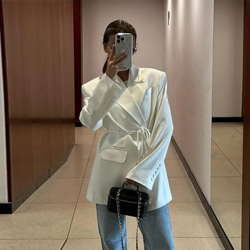 

Solid Lapel Waist-cinching Women's Jacket Slim Long Sleeve With Shoulder Pad Belt Blazer 2025 Autumn Lady Office Commute Outwear