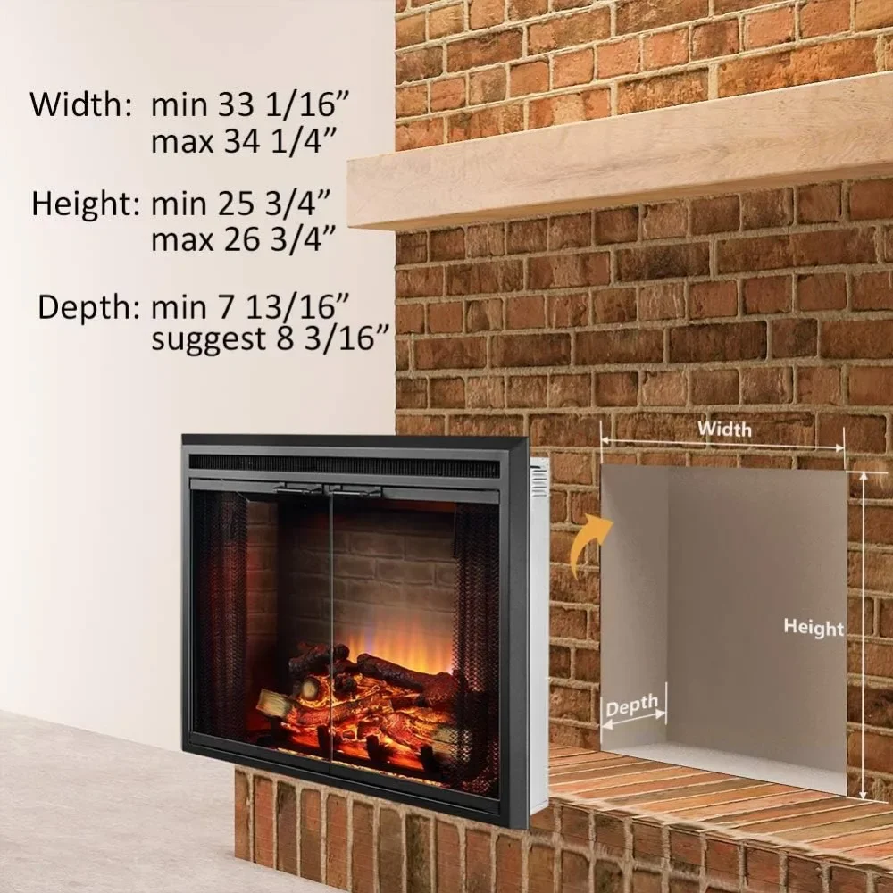 Inserto para chimenea eléctrica con sonido craquelado, puerta de vidrio y mampara de malla, 750/1500W, negro, 33 1/16 pulgadas de ancho