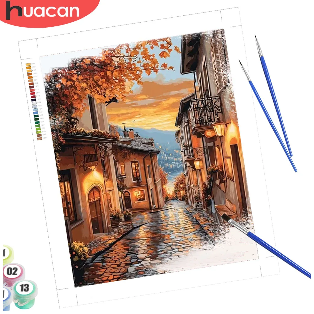 HUACAN Malen nach Zahlen, Straßenlandschaft, Bilder auf Leinwand, Meer, Sonnenuntergang, Set für Kreativität, Hobbys, Wanddekoration