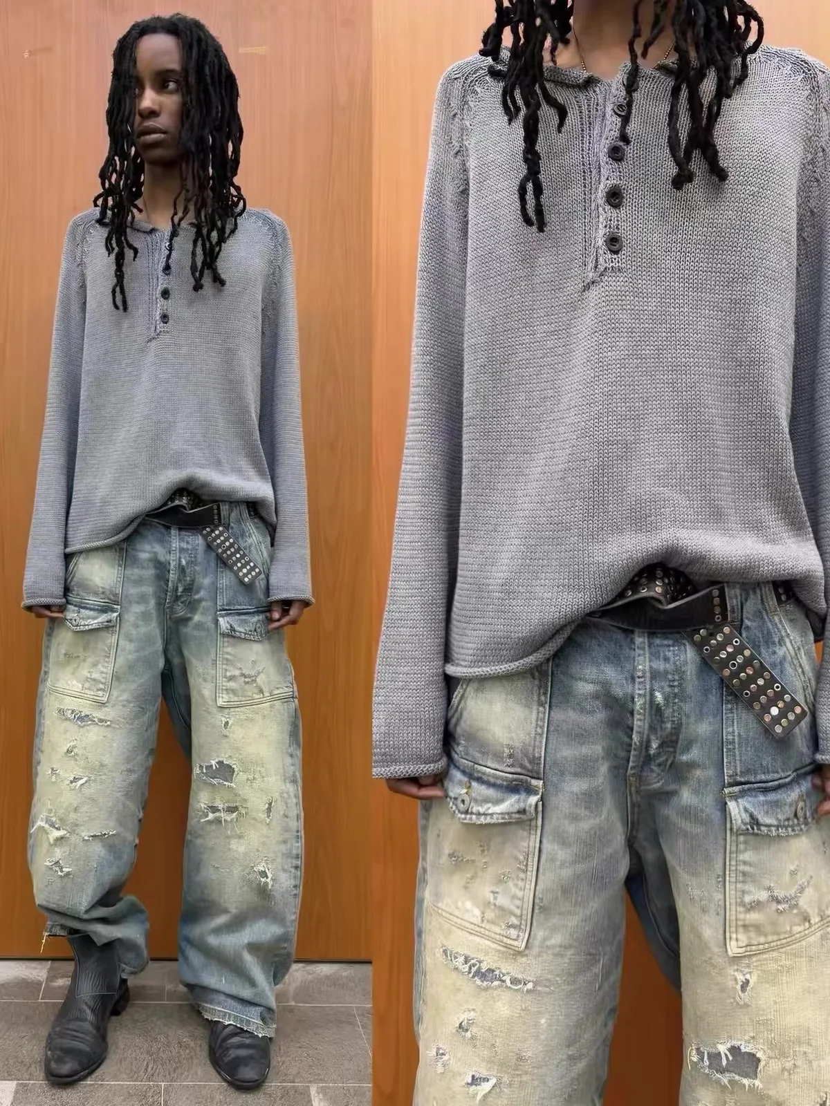 Grey Roll‑Edge Button Crew‑Neck Long‑Sleeve Knit Sweater view 4