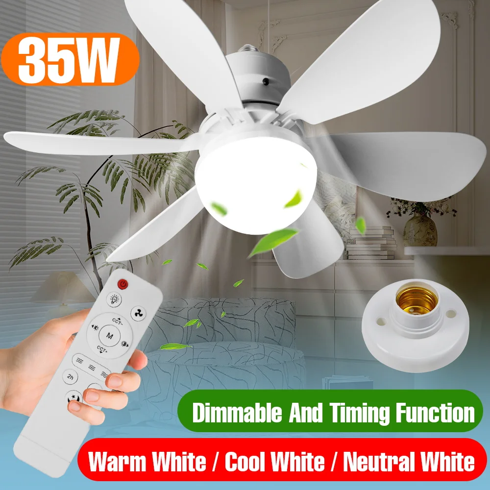 35W Led Ceiling Fan Light Bulb E27/E26 Quiet 3Blades Fan Lamp Remote Switch 3Modes Home Bedroom Living Room Apartment Lighting