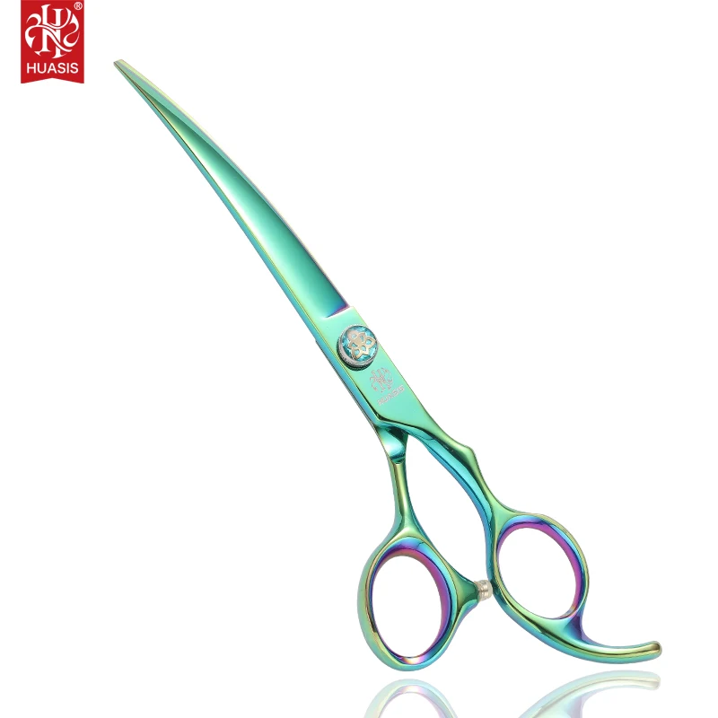 

HUASIS HU28 7inch Dog Grooming Down Curved Scissors for Pets Japan 440C Stainless Steel Sharp Blade Green Titanium Color