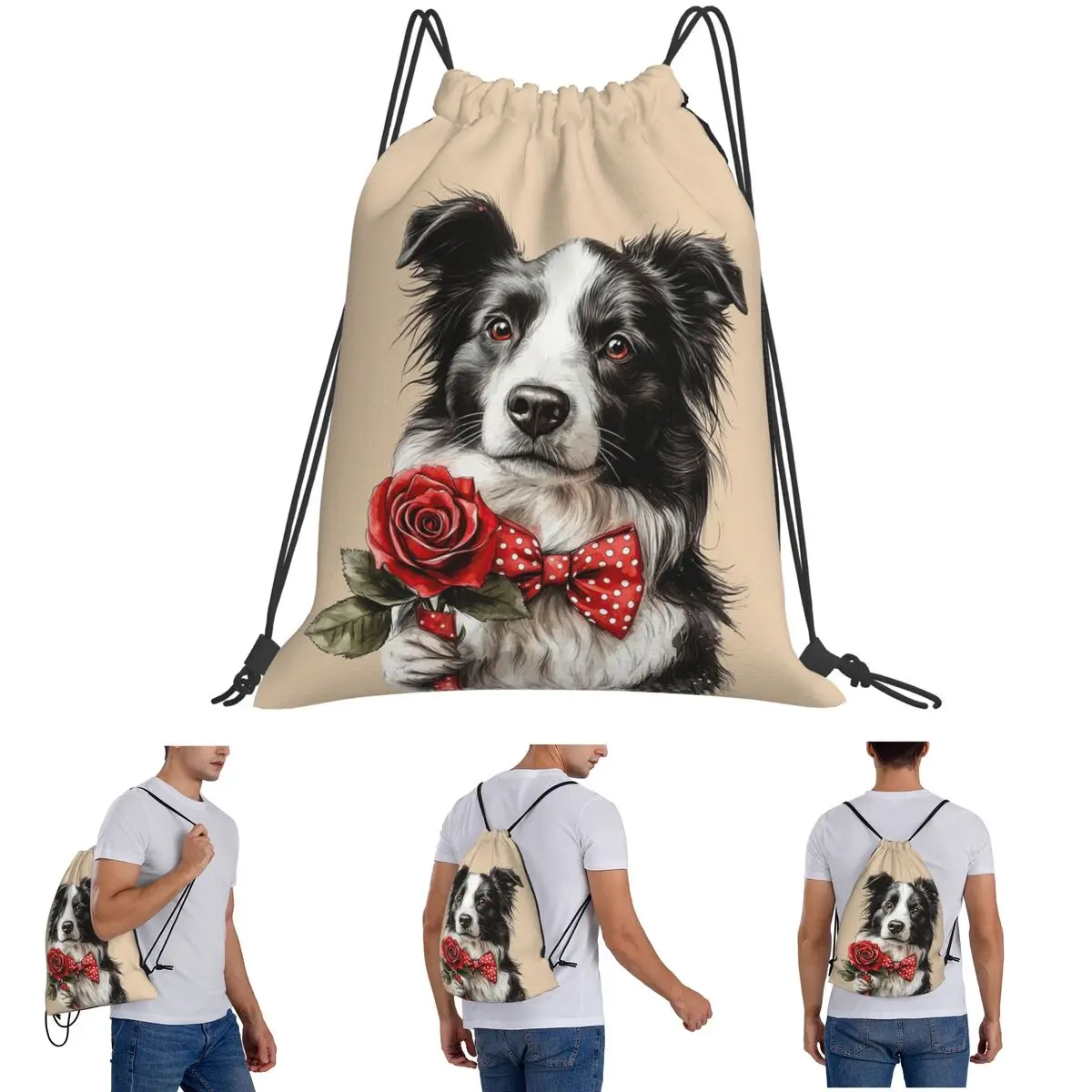 Sweet Border Collie With Red Rose Backpacks Fashion Drawstring Bundle Pocket Storage Bag Book Bags for Travel School