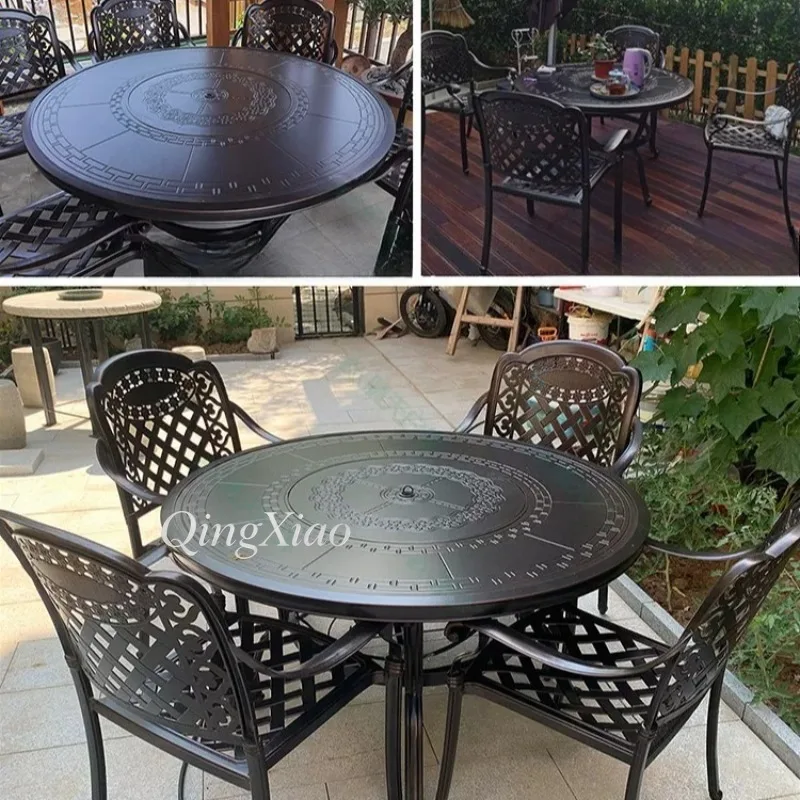 Cast Aluminum Outdoor Round BBQ Dining Table Set with 4 Armrest Chairs Charcoal Barbecue Grill Table Garden Backyard Dining