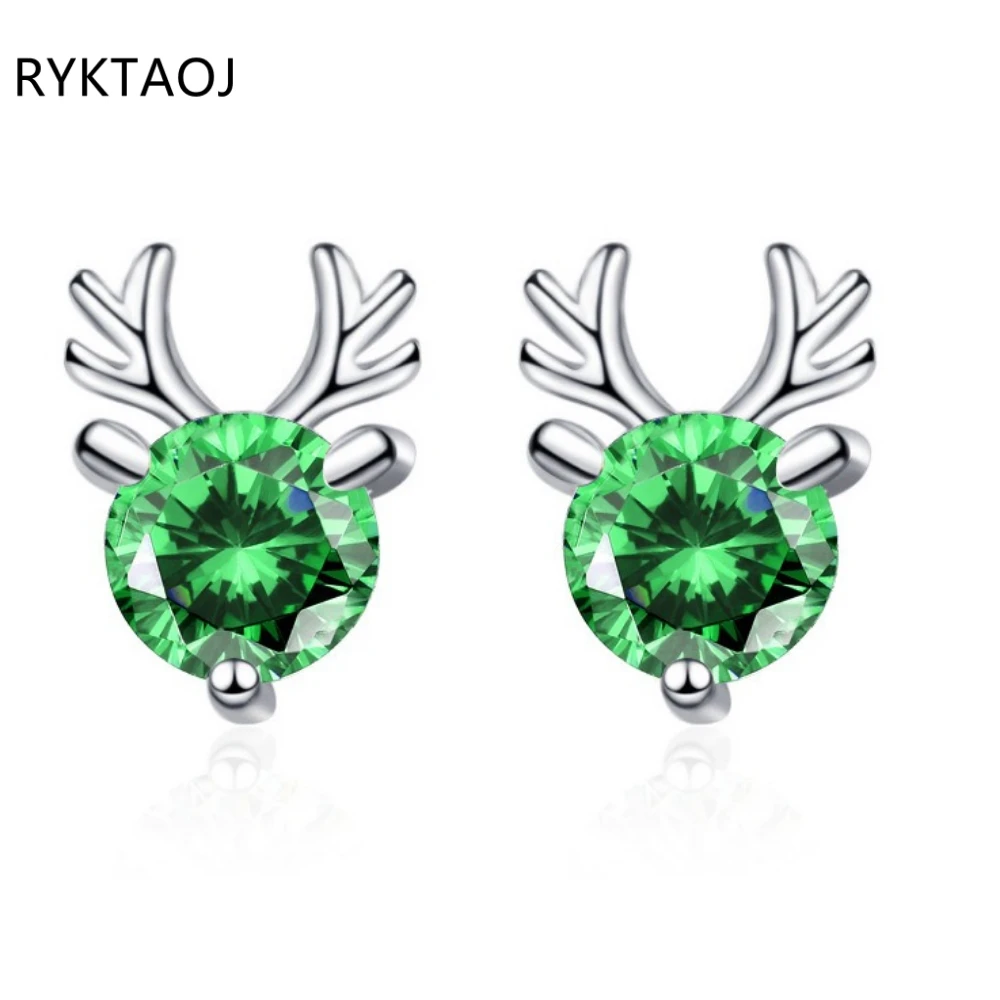 925 Sterling Silver Women Deer Antler Stud Earrings Multi‑Color Round CZ Zircon Ear Studs Christmas Party Fine Jewelry Gift
