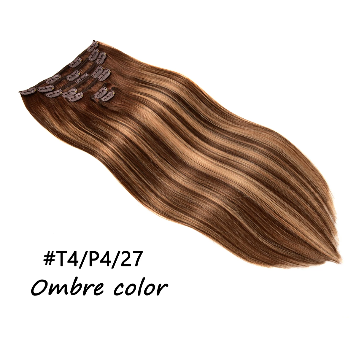 Clip-in haarextensies van echt mensenhaar, balayage chocoladebruin gemengd karamel blond donkere wortels ombre 120g 7 stuks 16 clips in