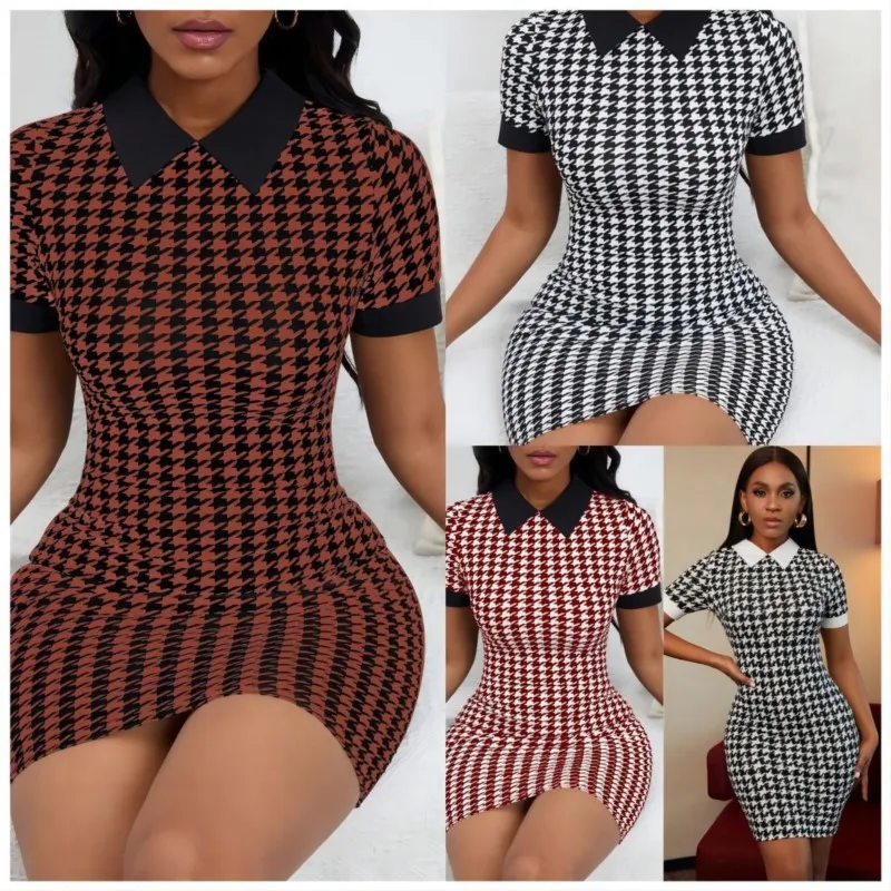 Elegant Turn-down Collar Short Sleeve Bodycon Mini Dress New Women Fashion Houndstooth Print Casual Party Slim Pencil Dresses