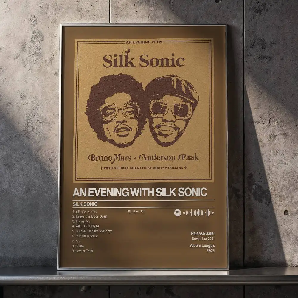 An Evening With Silk Sonic Bruno Mars Poster Self-adhesive Art Waterproof Paper Sticker Coffee House Bar Room