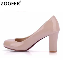 Women's Thick High Heels Large Size 47 Pumps PU Leather Casual Black White Red Nude Heeled Office Wedding Shoes Classic Comfort