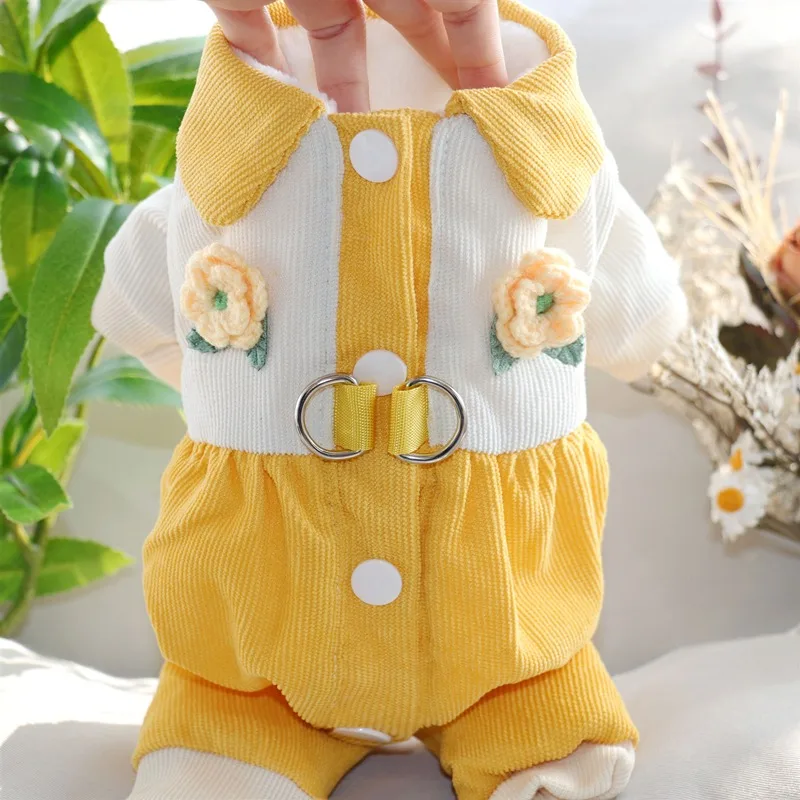 

Yellow Rose Pet Four-legged Cotton Coat Three-dimensional Small Flower Dog Clothes Teddy Winter Clothes Bichon Warm Jumpsuits