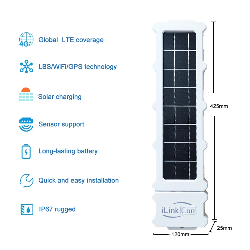 ILinkCon Solar Global Conteneur GPS Tracker, Multi Capteur, WiFi, LBS, GPS, BLE, 10 Ans de Travail, IP67, Free Global Epim