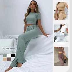 2024 Summer Women's Pit Strip Short Sleeve Short Shirt Trousers Knitted Leisure Suit Fashion Sexy Tight Leisure Suit