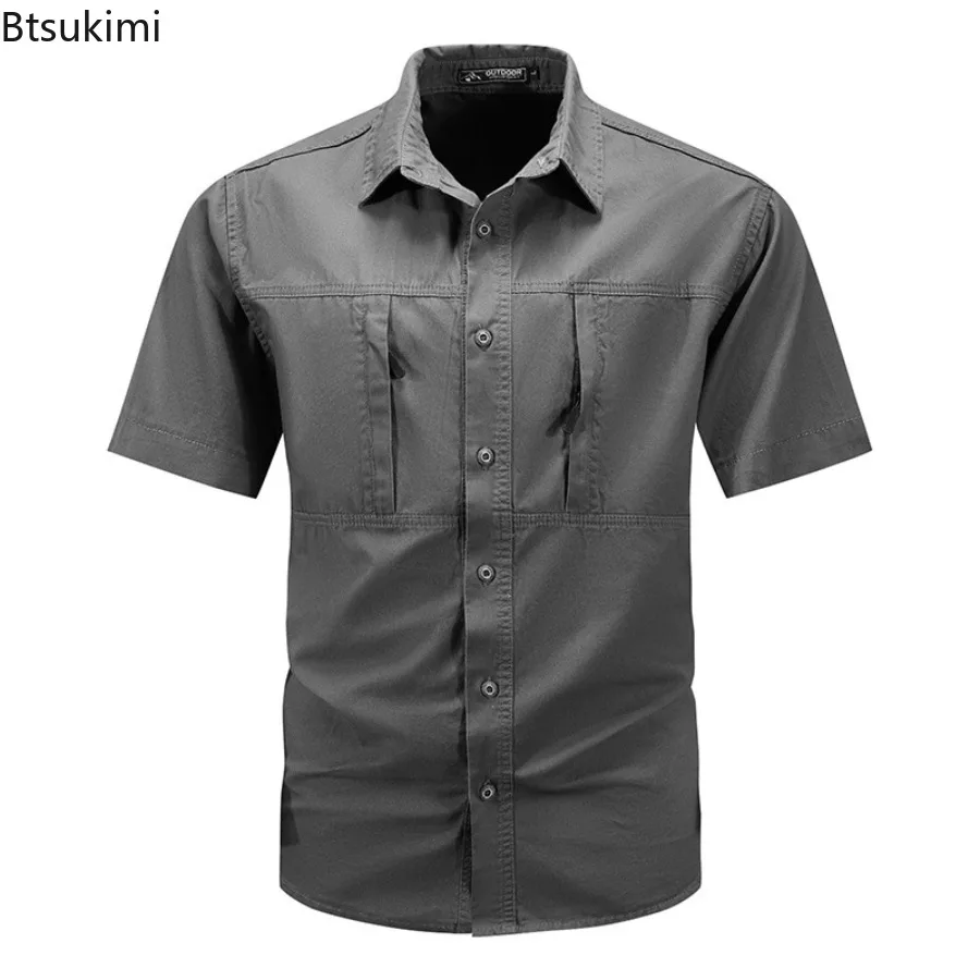 Kaus katun 100% lengan pendek taktis pria, baju kargo banyak saku luar ruangan musim panas, kaus kerja memancing mendaki pria