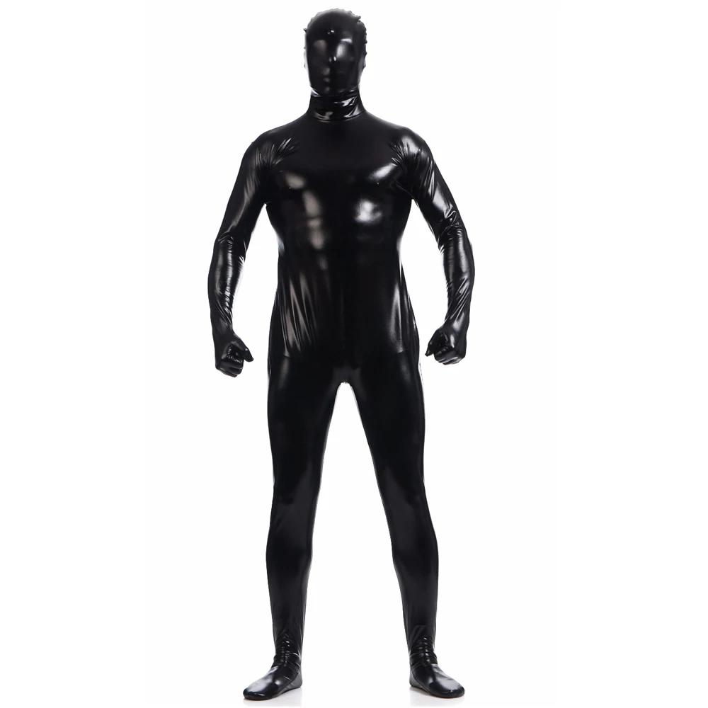 Men Zentai Suit With Hood One Piece Shiny Metallic Zentai Bodysuits Wet Look Full Body Suits Costume