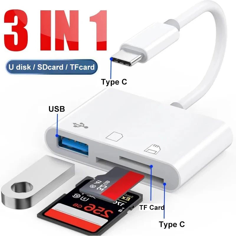 3 in 1 Multifunction Reader TF CF SD Memory Card Sim Cards Adapters USB C TypeC OTG Converter for MacBook Laptop Samsung Xiaomi