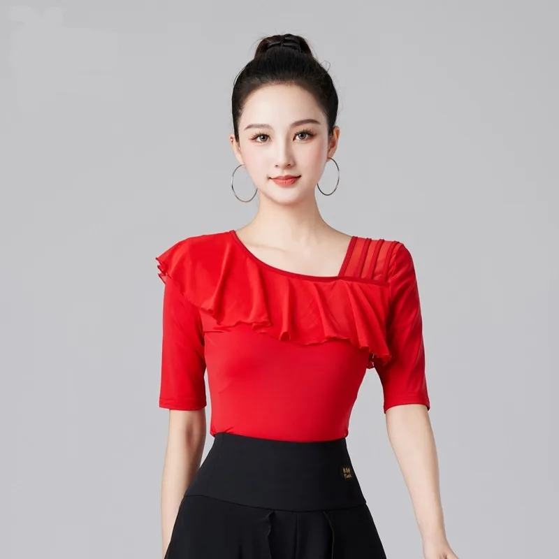 Latin Girls Rhinestones Korean Style Clothing Moden Mesh Patchwork Ballroom Standard Dance Skirts Women Classical Ruffle Tops