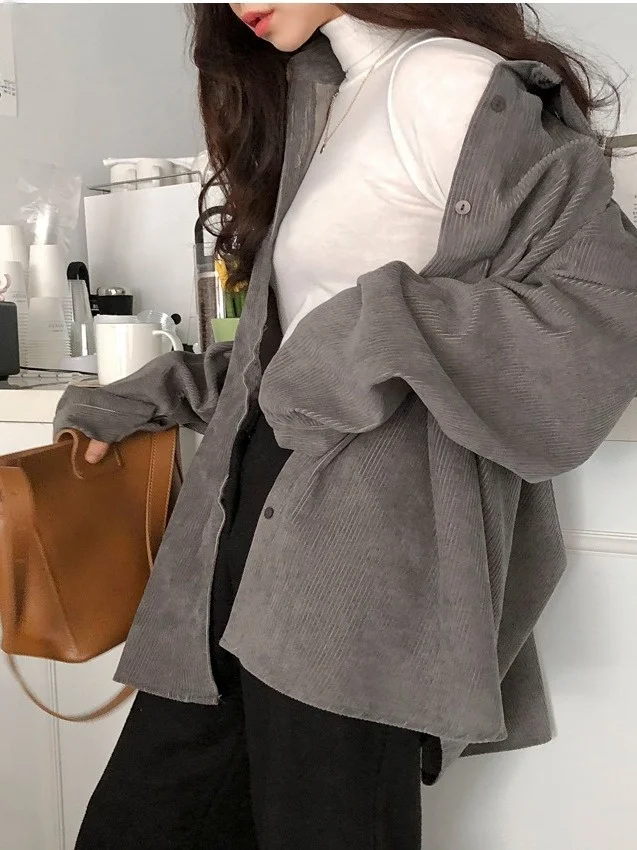 

Retro Corduroy irt Jaet Women's Chic Loose Versatile Single Button Turn-down Collar Trendy Korean Sle Long Sve Top