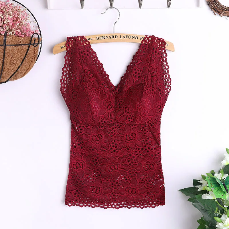 Fashion Ladies Lace Flower Vest With Chest Pad Long V-Neck Sleeveless Solid Color Tank Tops