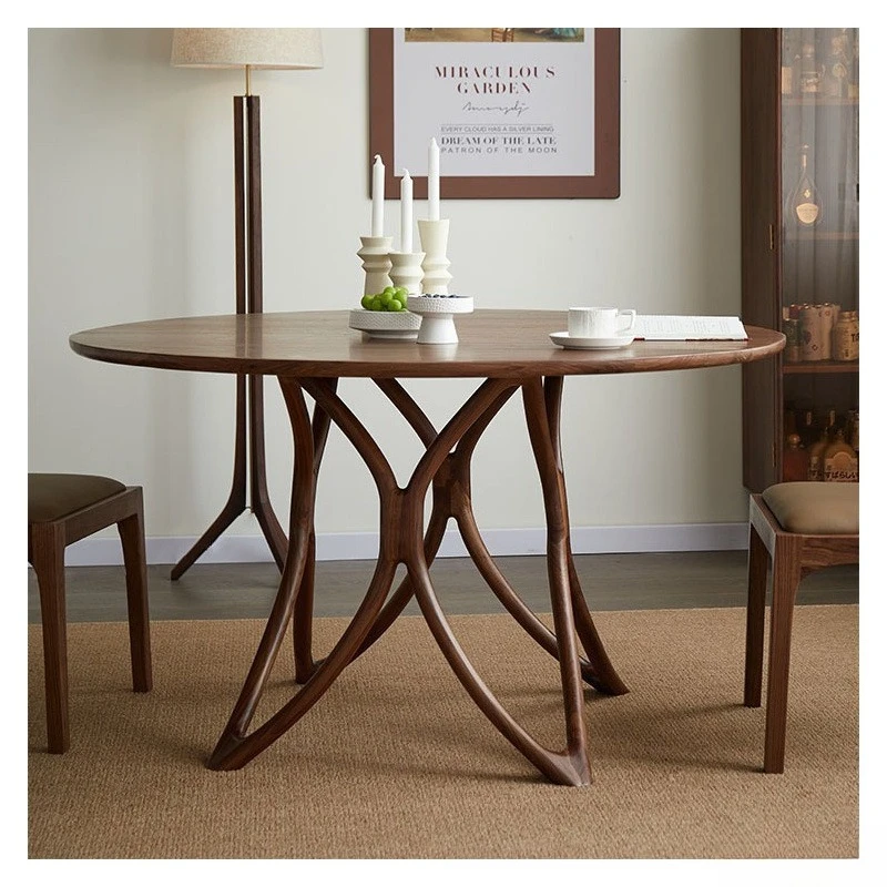 All solid wood round dining table, black walnut special-shaped leg round table, small apartment restaurant dining table