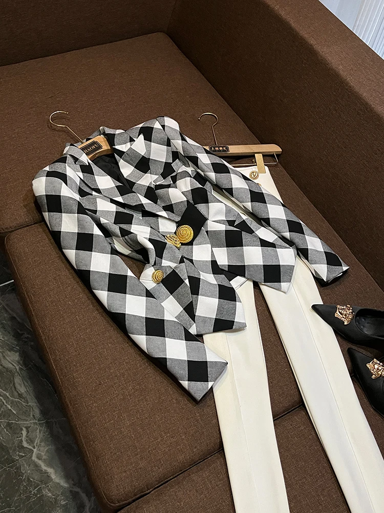 

Приталенный клетчатый костюм Jaet с большой металлической синей частью черного и белого цвета для женщин, повседневная одежда, повседневный вид, китайский производитель