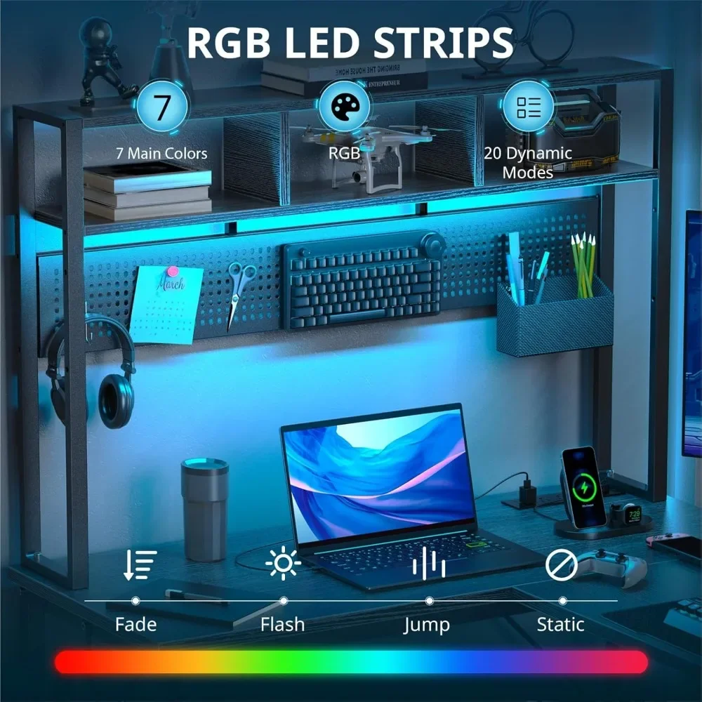 Computer Desk with Pegboard & Shelves Large L Shaped Desk with Drawers, Gaming Desk with Power Outlet & LED