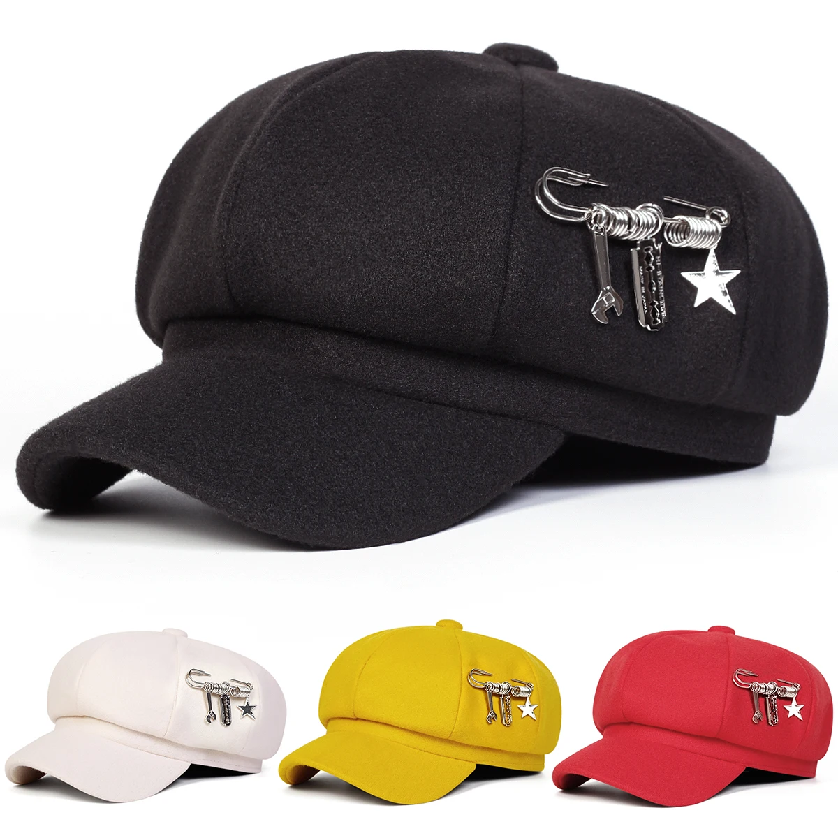 Unisex Wrench Blade Star Pin Newsboy Hat Spring and Autumn Retro Beret Hats Wild Casual Hats Octagonal Cap