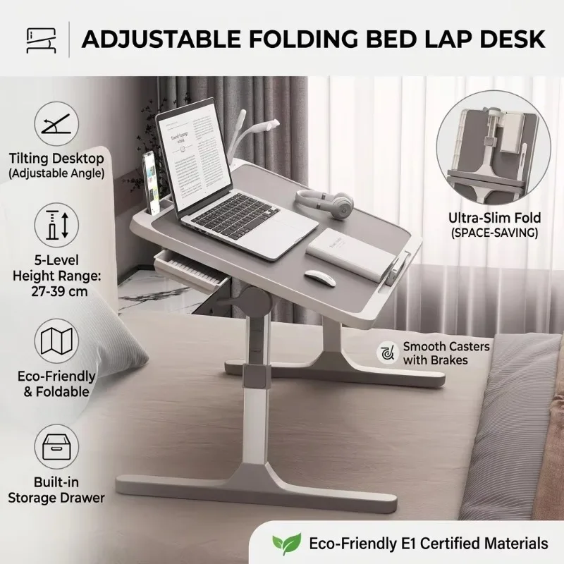 Adjustable Height Foldable Laptop Desk Bed Tray Tilting Lap Table With Drawer Book Stand For Dorm Study Reading Writing Bedrooms