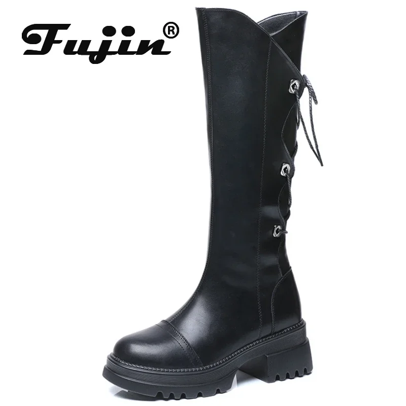 

Fujin 6cm PU Microfiber Autumn Spring Knee High Booties Women High Top Ergonomic Chunky Heels Boots Fashion Zip Mid Calf Shoes