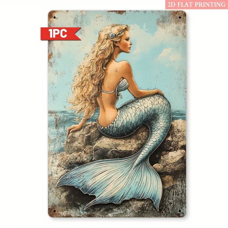 Mermaid Ocean Iron with Vintage Tin Metal Signs Home Décor Wall Art 8x12