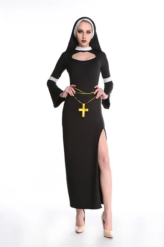 Retro Hot Halloween Cosplay M, L Fashion Black Costume Women Sexy Nun Costume Vinyl Cosplay Halloween Long Costume