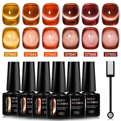 MEET ACROSS 7Pcs/Set Jelly Amber Magnetic Gel Nail Polish With Magnetic Stick Autumn Nail Art Varnish Soak Off UV Gel LED Set