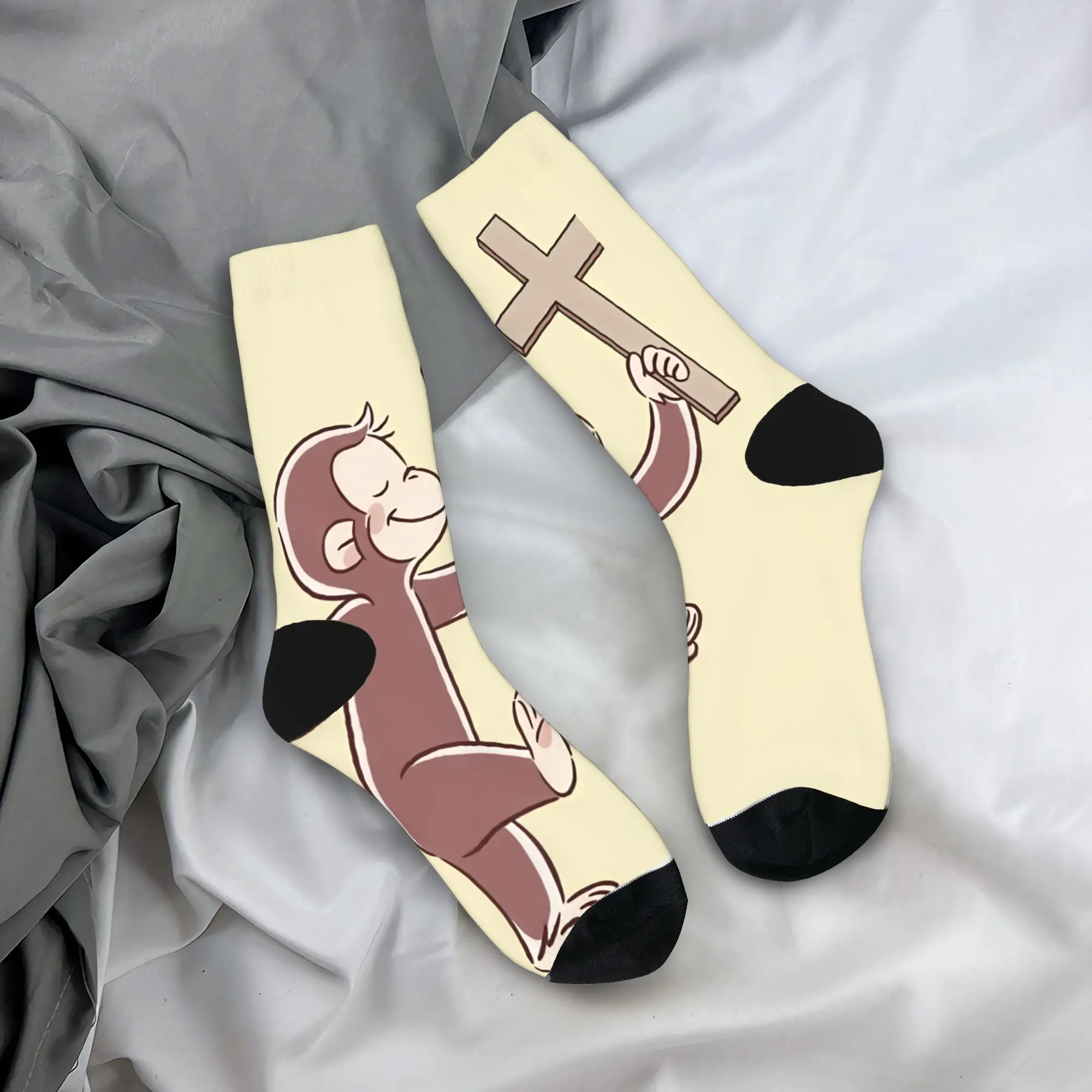 Curious George Monkey Socks  Anti Bacterial Stockings Couple Soft Breathable Outdoor Socks Autumn Novelty Pattern Socks