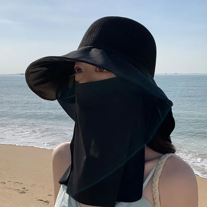 Cappello da sole estivo da donna con protezione UV Cappello da pescatore a tesa larga con scialle maschera Perfetto per la protezione solare da spiaggia all'aperto