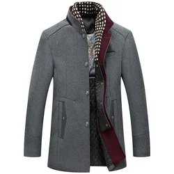 New Autumn Winter Men Wool Blends Trench Coats Scarf Collar Cold Resistant Woolen Overcoat Double Collar Warm Casual Trench Men