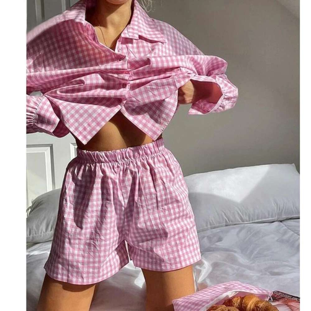 Women\'s Home Clothes Lounge Wear Pajamas Pink Plaid Long Sleeve Shirt Tops and High Waisted Mini Shorts Two Piece Set Tracksuit