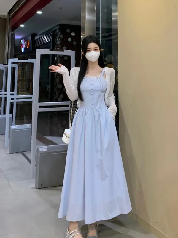 

plus Size Women's Sweet Lace Splice Strap Dr Spring Summer New Thin Sun Protection Top Set Korean Sle Slim Fit Long Sve