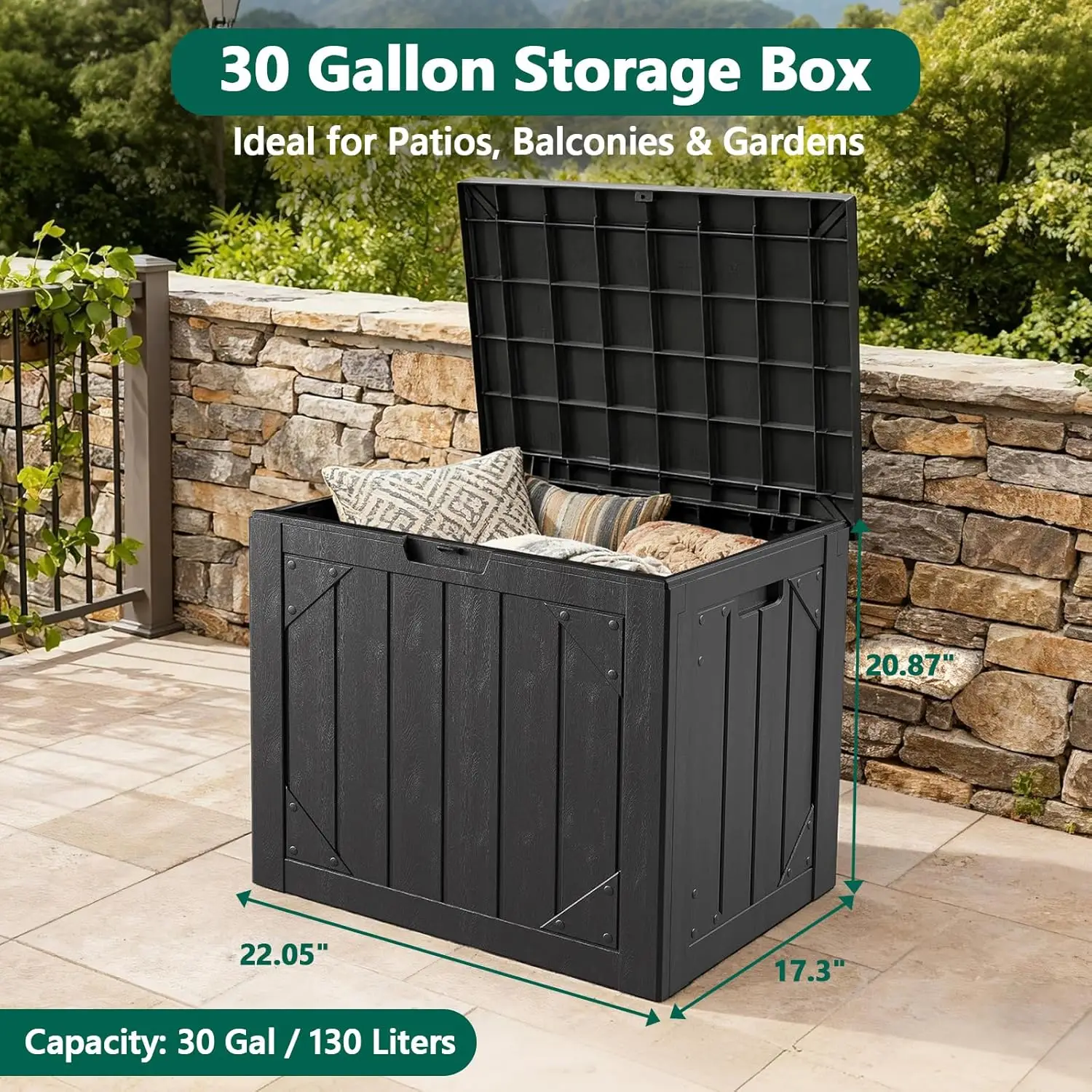 30 Gallon Outdoor Storage Box with Seat, Waterproof Resin Deck Box for Patio Cushions and Garden Tools, Lockable UV Resistant view 4