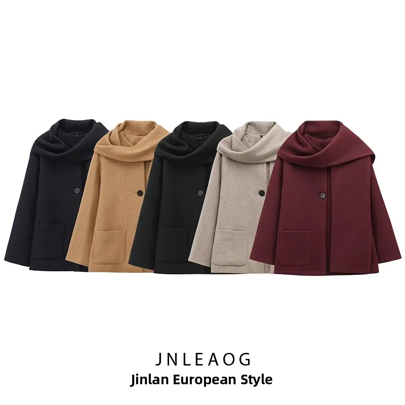

JNLEAOG Autumn New Women's Faion Mixed Media Coat with Scarf Design Street Sle Long Sve Polyester Outerwear