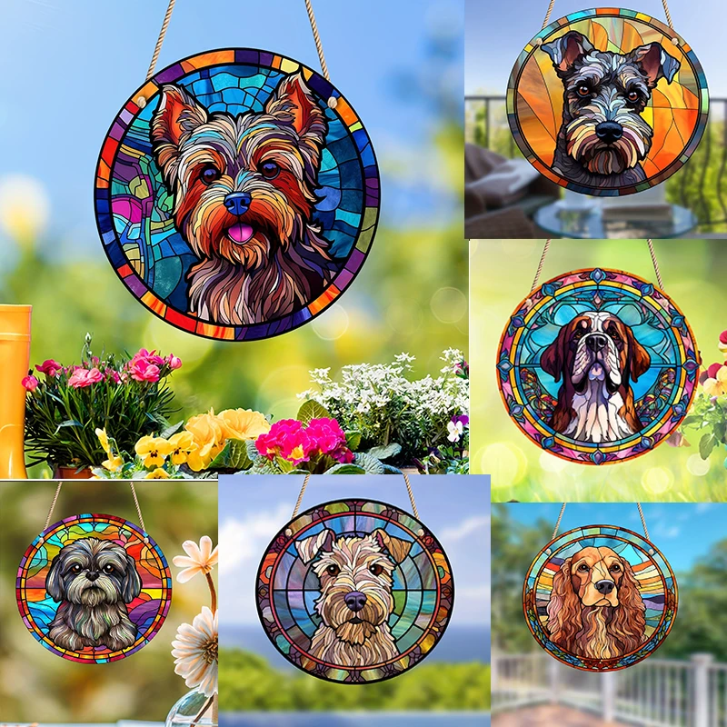 1szt Znak psa Suncatcher Znak ścienny Okrągłe farbowane akrylowe okno wiszące z metalowym łańcuchem do wystroju pokoju domowego Prezent