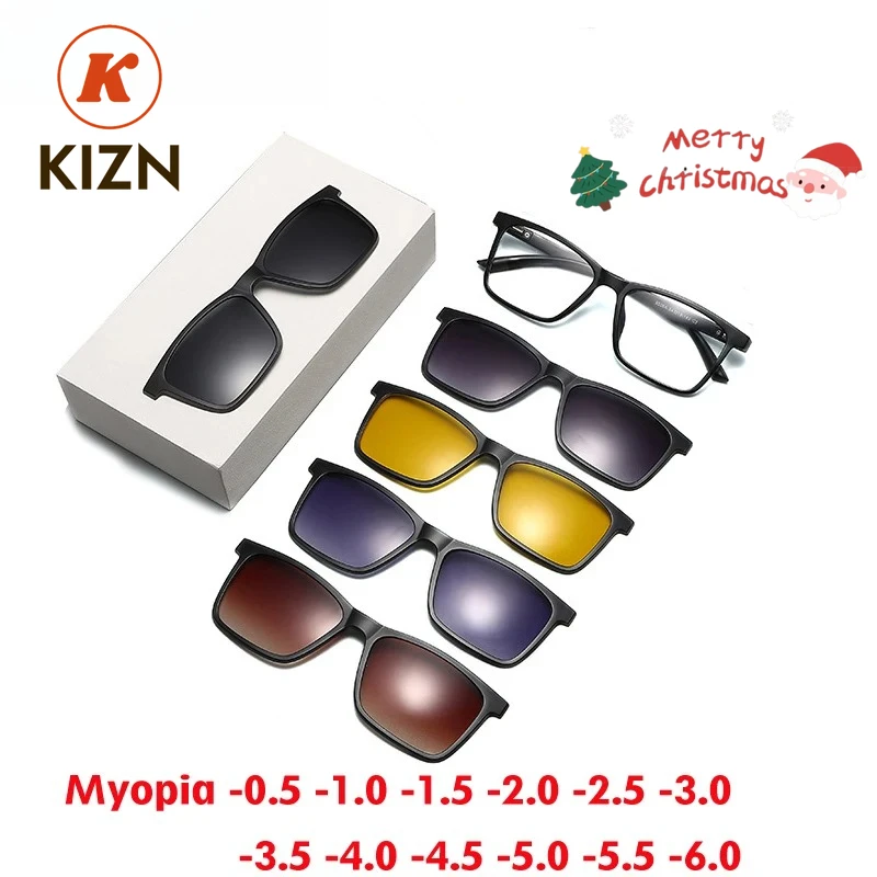 kizn-1-フレームスクエア磁気サングラス男性と女性用-5-クリップ偏光カスタム処方ファッション眼鏡