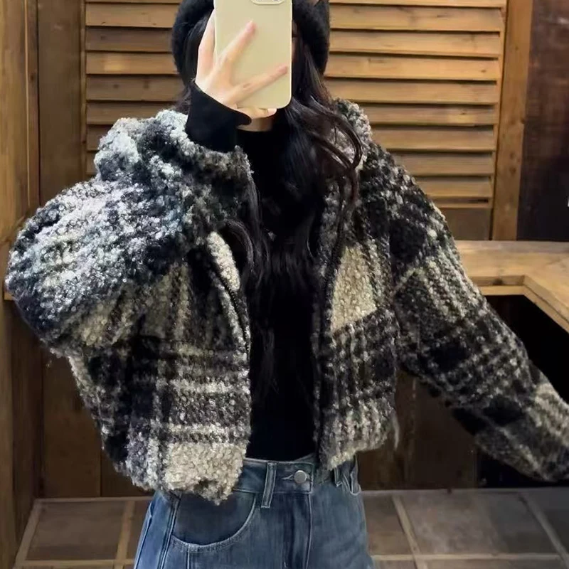 Veste à carreaux en fausse peau de mouton pour femmes, manteau court américain Vintage Street Harajuku Y2K, chaud d'automne à manches longues, vêtements d'extérieur Preppy décontractés