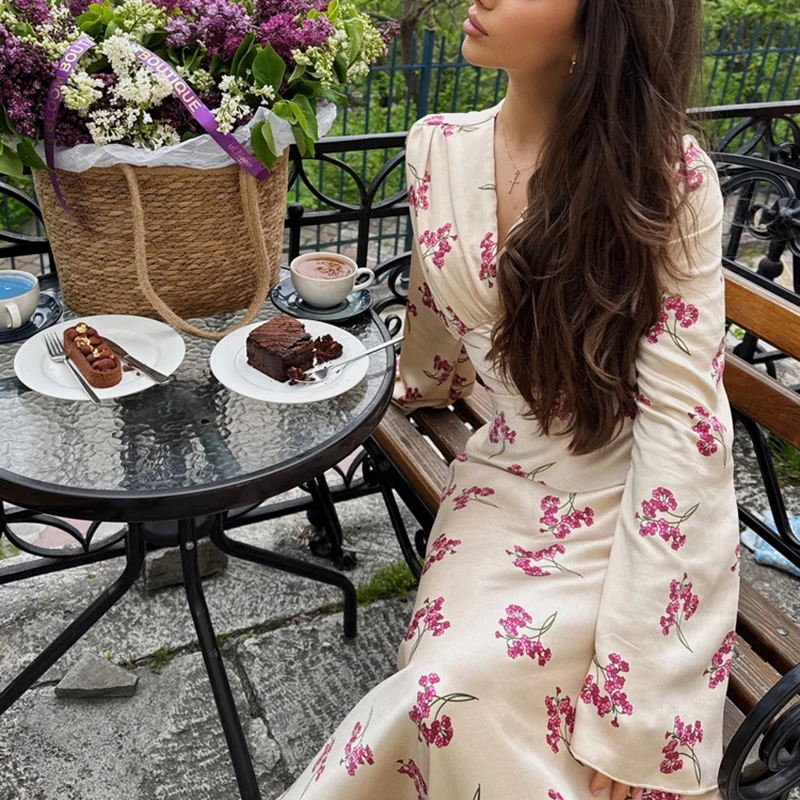 トルノバ エレガント プリント サテン ロングドレス オフィスレディー Vネック 長袖 レースアップ 秋 ファッション レディース ハイウエスト ドレス