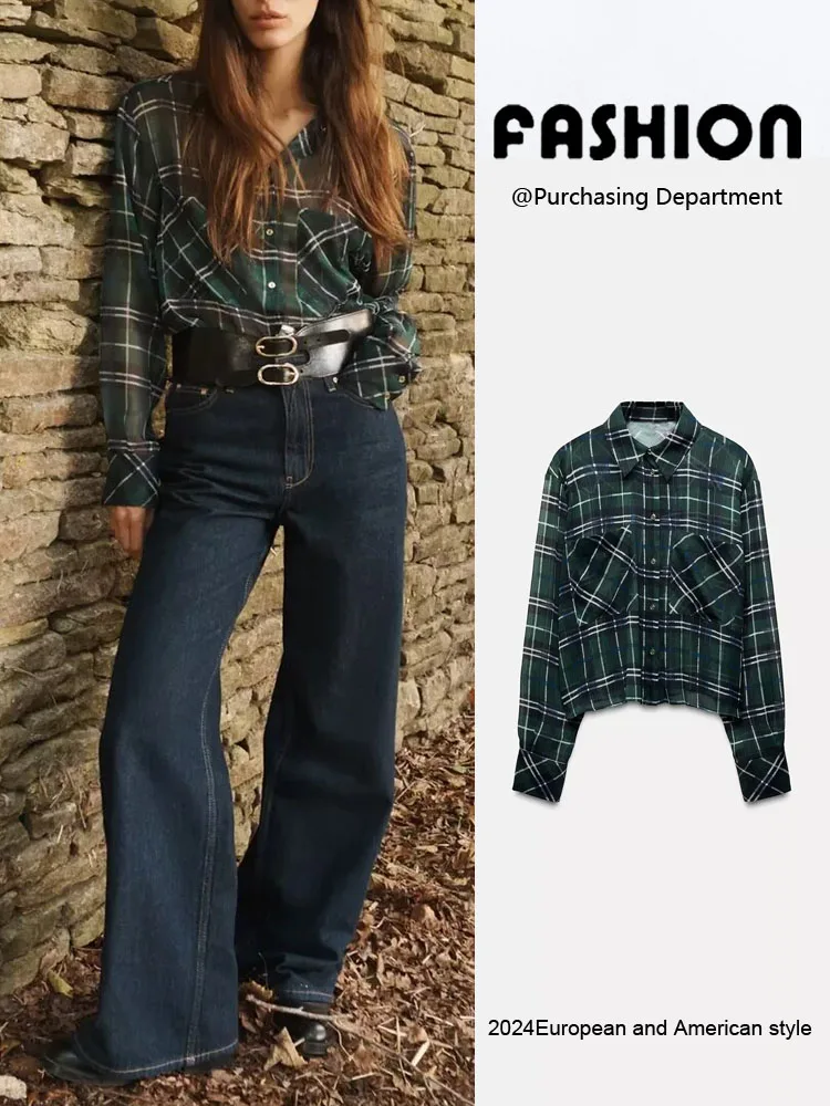 

Women's Autumn New Single Button Metal Color Tead Plaid Long Sve Turn-down Collar ort irt Commute Sle 00% Other M...